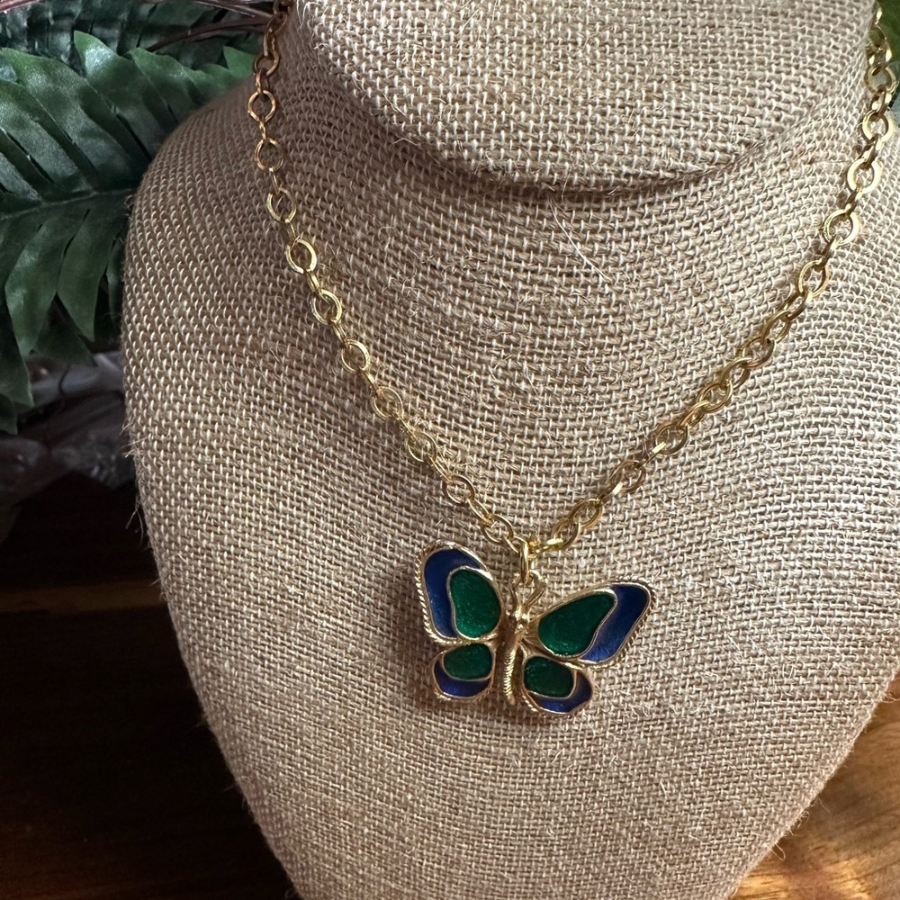 Gold Butterfly Necklace with Green and Blue enamel Accents. Signed Florenza